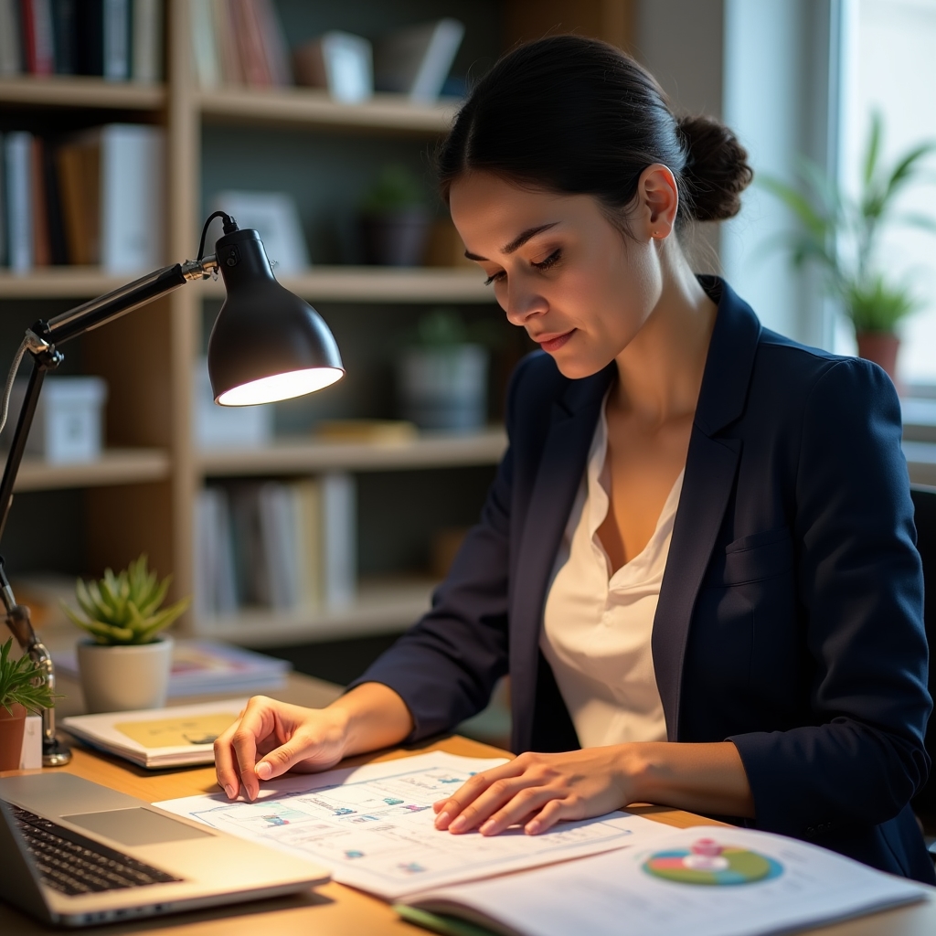 Consultant reviewing operational documents at a well-lit desk