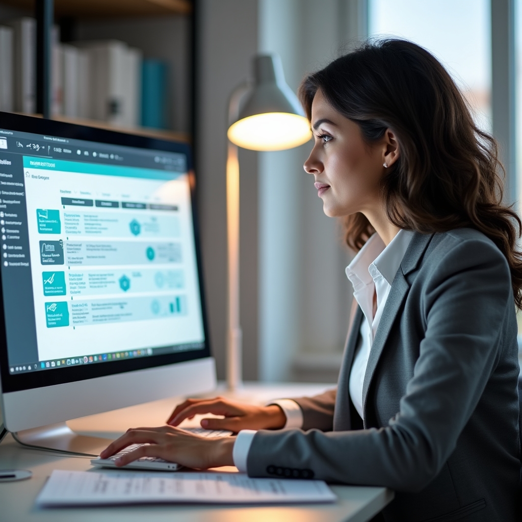 Professional reviewing a digitization process overview chart on a monitor in a bright office