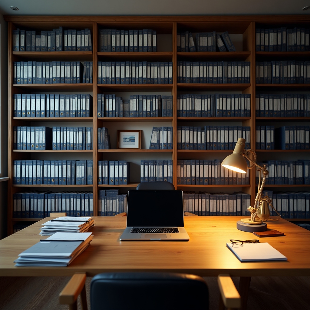 Organized professional office workspace with structured filing and clean desk setup
