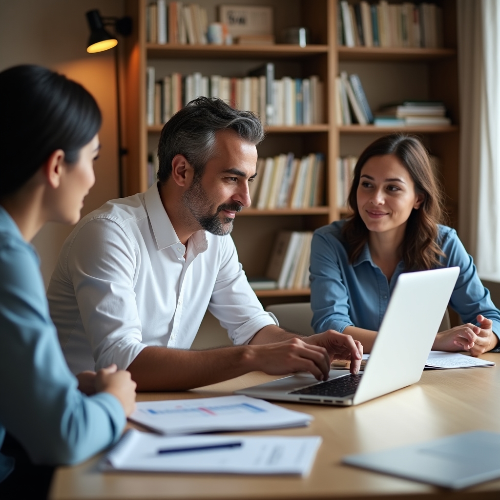 Small team attending software implementation training session around a laptop