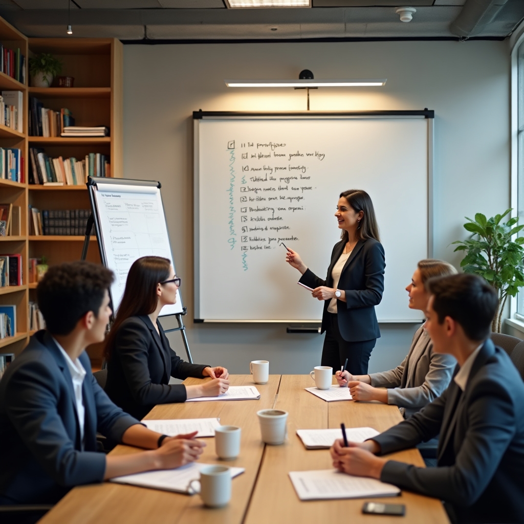 Team onboarding session in a bright modern office with a facilitator and small group