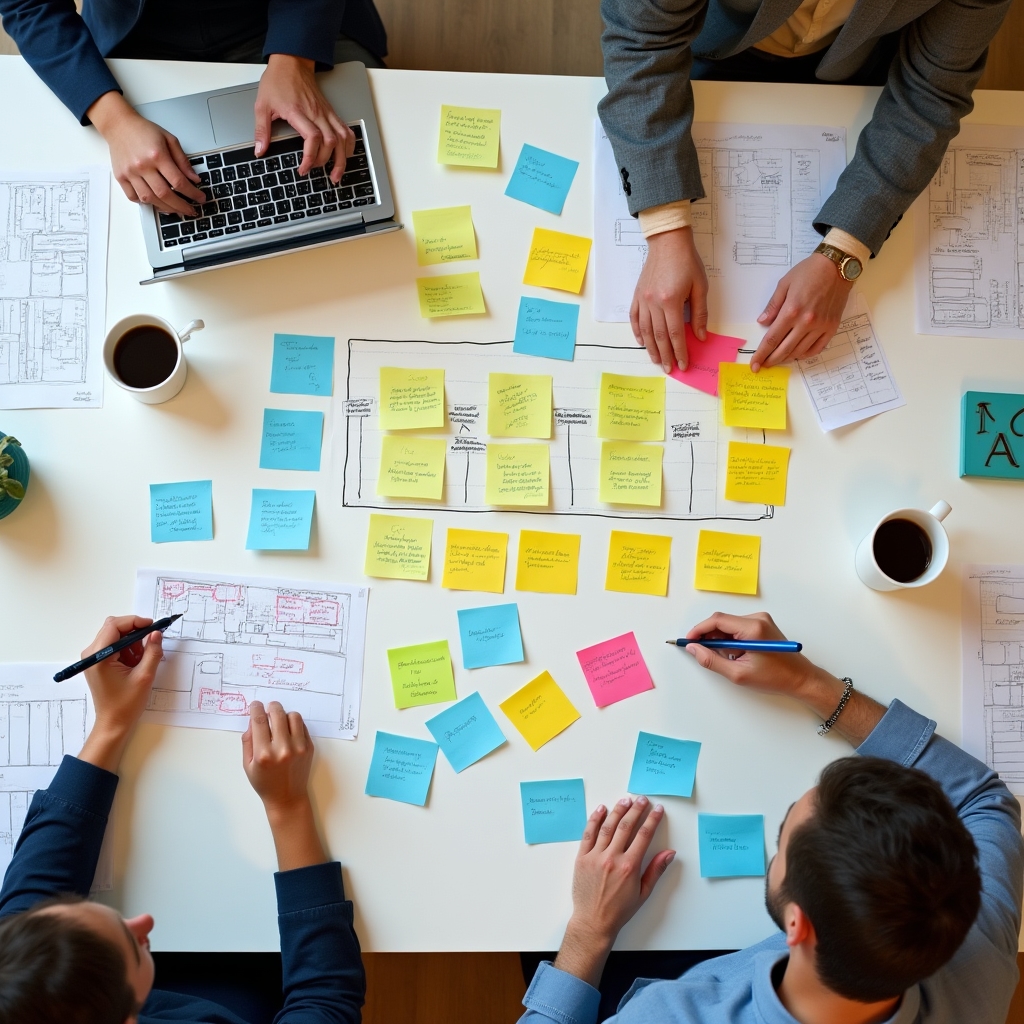 Workflow design session with sticky notes and diagrams spread across a large table